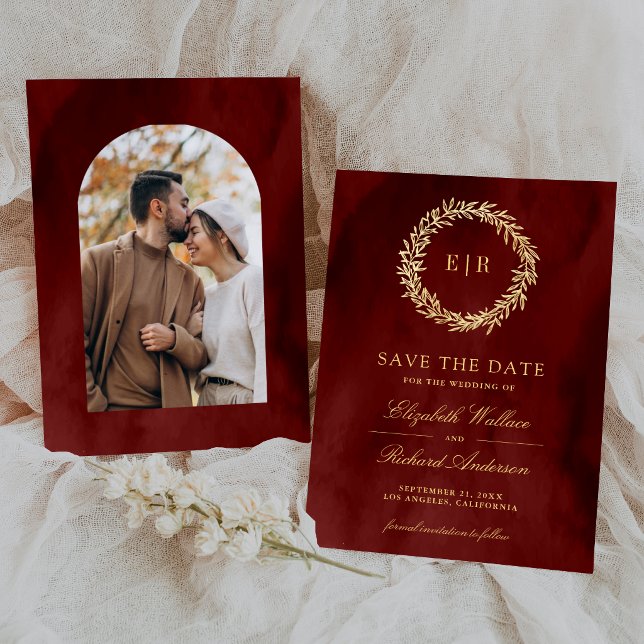 Reserve A Data Foto de casamento com ramo de folhas douradas em v (Criador carregado)