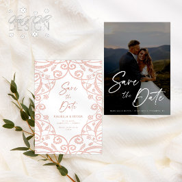 Reserve A Data Foto de casamento com renda floral dourada rosa su