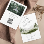 Reserve A Data Foto de Casamento da Floresta Rustic Watercolor Mo<br><div class="desc">Este elegante casamento de destino salve o cartão de data apresenta uma paisagem romântica de aquarela com montanha, pinheiros e floresta verde perfeita para o seu casamento do topo da montanha e uma intrincada letra de caligrafia escrita dizendo "Salve a data". Personalize a foto e o site de casamento que...</div>
