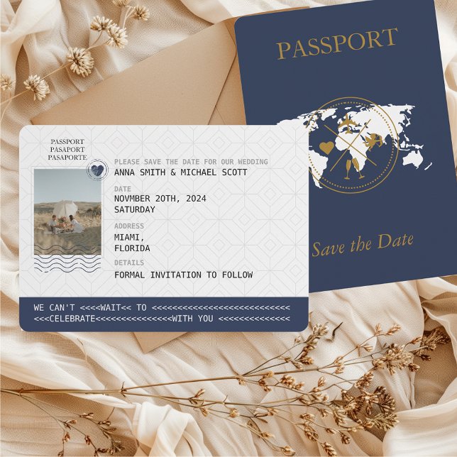 Reserve A Data Foto de Casamento de Destino do Passaporte Dourado (Passport Photo Save the Date Unique Destination Wedding Navy Blue & Gold)