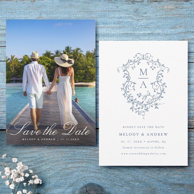 Reserve A Data Foto De Casamento De Festa De Banho Azul Elegante  (Front & Back)