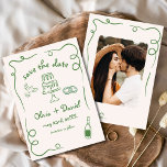 Reserve A Data Foto De Casamento De Mão Impressionante Verde<br><div class="desc">Ponha o tom para o seu casamento com este debochado à mão, salve o cartão com fotos da data! Apresentando delicados detalhes artísticos e uma foto personalizada, esta design combina lindamente criatividade e charme. A tipografia suave e elegante melhora o tema romântico, enquanto os detalhes personalizáveis garantem que ele se...</div>