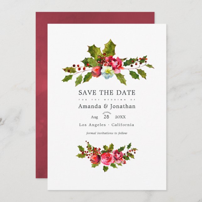 Reserve A Data Foto de casamento de Natal com azevinho (Frente/Verso)