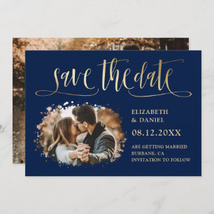 Reserve A Data Foto De Casamento De Script Dourado Azul Do marinh