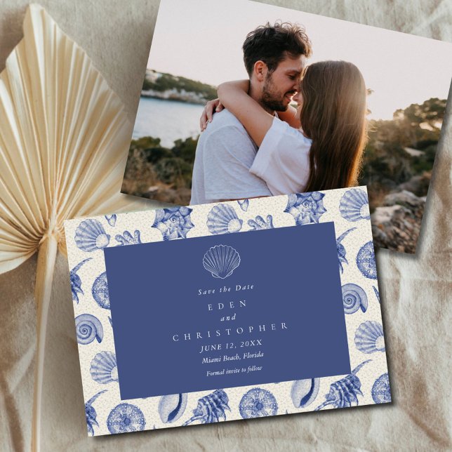 Reserve A Data Foto de Casamento de Seashell Coastal Beach (Seashell Coastal Beach Wedding Photo Save The Date)