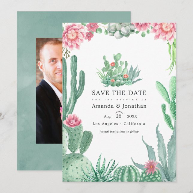 Reserve A Data Foto de casamento de suculentas em aquarela (Frente/Verso)