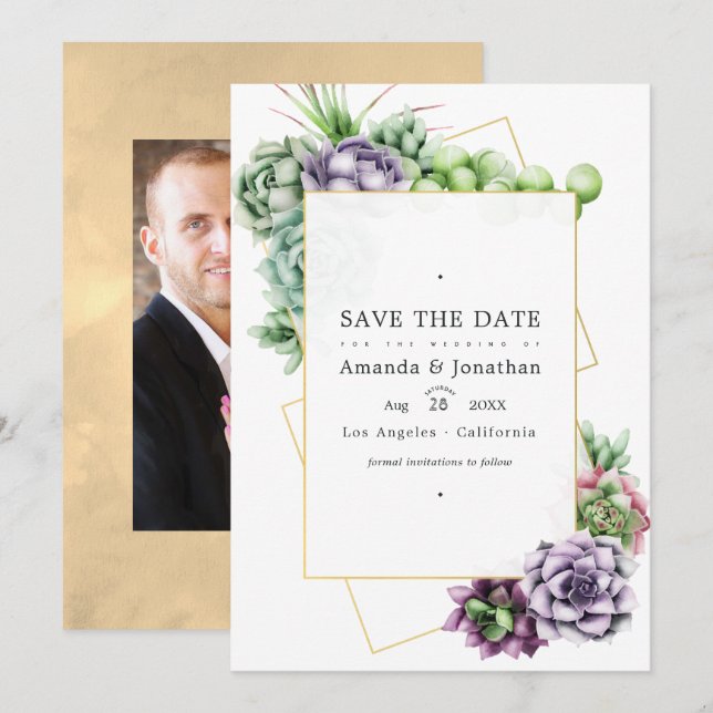 Reserve A Data Foto de casamento de suculentas geométricas (Frente/Verso)