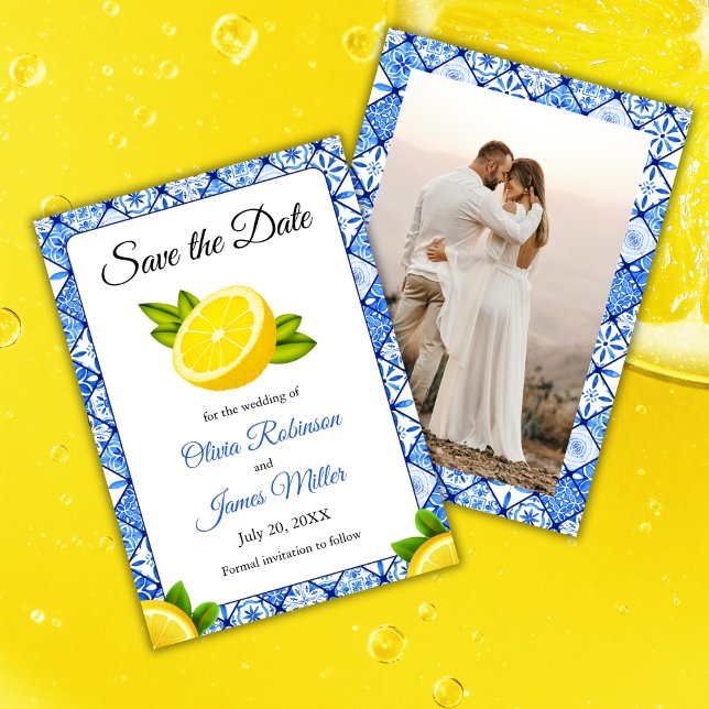 Reserve A Data Foto de Casamento do Azulejo Azul Italiano do Medi (Mediterranean Italian Blue Tile Lemon Wedding Photo Save The Date Card  )