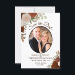 Reserve A Data Foto De Casamento Do Boho Floral Laranja Elegante<br><div class="desc">Este casamento Salve o cartão de data apresenta um design floral rústico boho chic com letra de script e rosas de aquarela pintados manualmente em tons de laranja ferrugem, número queimado e pêssego. Há um quadro em forma oval para sua foto com espaço para o nome do casal e local...</div>