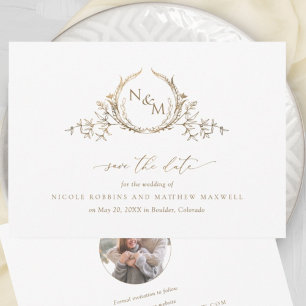 Reserve A Data Foto de Casamento do Monograma Dourado e Branco El