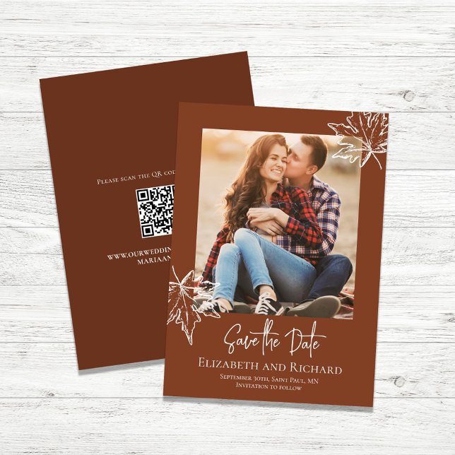Reserve A Data Foto de casamento do Script Folha da Borgonha Salv (Burgundy fall leaves photo wedding save the date cards. )