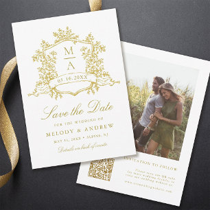 Reserve A Data Foto de casamento Dourado Clássico Floral Crest