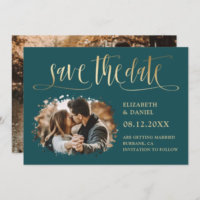 Reserve A Data Foto De Casamento Dourado De Teal Moderno Salvar A (Frente/Verso)