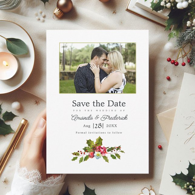 Reserve A Data Foto de casamento entre Holly e Ivy (Holly and Ivy Christmas Wedding Photo Save The Date)