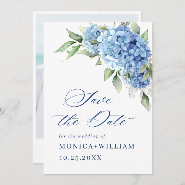 Reserve A Data Foto de Casamento Floral de Hydrangea Blue Elegant (Frente/Verso)