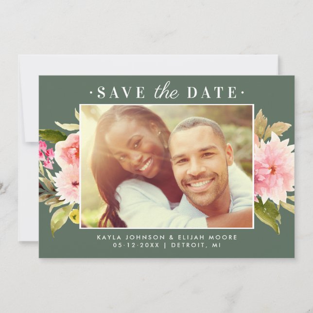 Reserve A Data Foto de casamento floral em aquarela verde rosa (Frente)