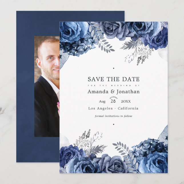 Reserve A Data Foto de casamento floral em falso papel alumínio a (Frente/Verso)