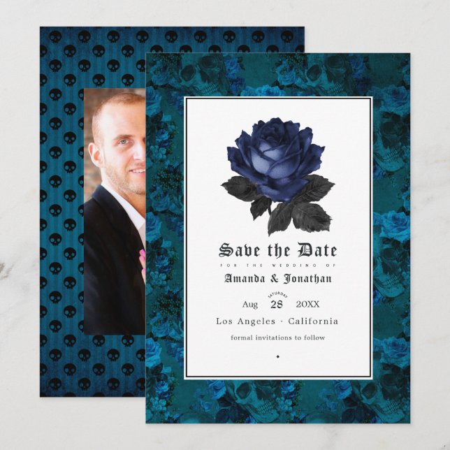 Reserve A Data Foto de Casamento Floral Gótico Preto e Azul (Frente/Verso)