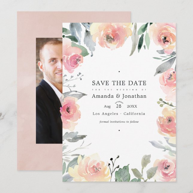 Reserve A Data Foto de casamento floral rosa pastel (Frente/Verso)