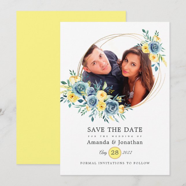 Reserve A Data Foto de casamento floral turquesa e amarelo (Frente/Verso)