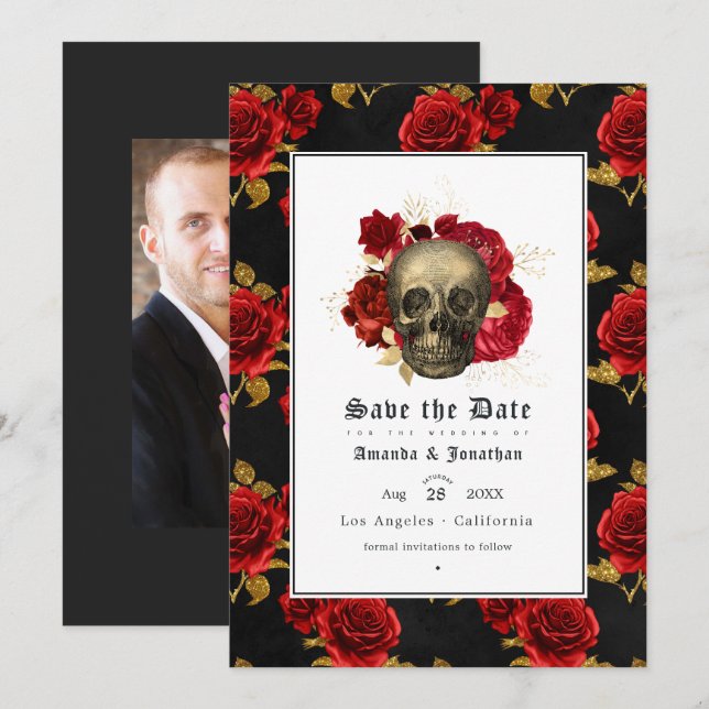 Reserve A Data Foto de casamento gótico com crânio floral (Frente/Verso)