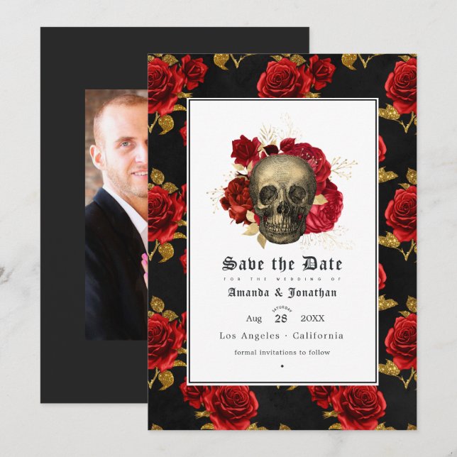 Reserve A Data Foto de Casamento Gótico de Caveira Floral (Frente/Verso)