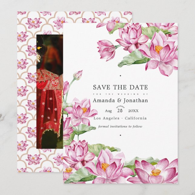 Reserve A Data Foto de casamento indiano com flor de lótus (Frente/Verso)