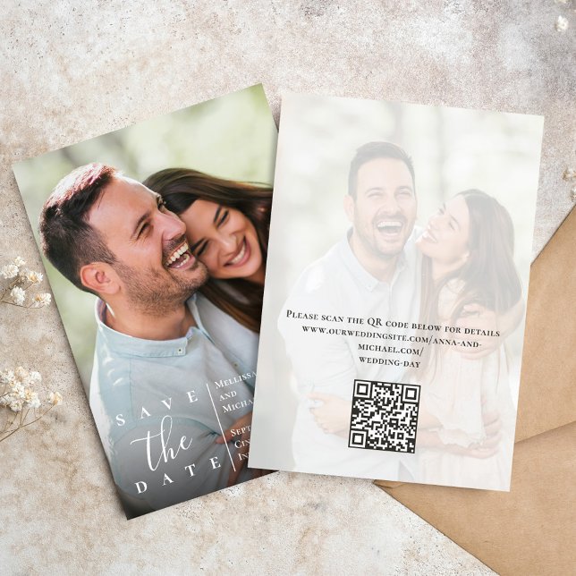 Reserve A Data Foto de casamento legante Salvar a data (Wedding save-the-date photo card with a scannable QR code. )