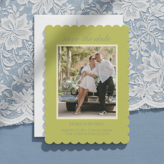 Reserve A Data Foto de casamento moderna em Script Chartreuse (Invite guests to save the date for your big day with this Modern Script Green Save the Date!)