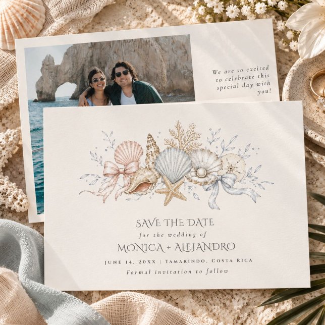 Reserve A Data Foto de casamento na praia com conchas (Seashell Coastal Beach Wedding Photo Save The Date)