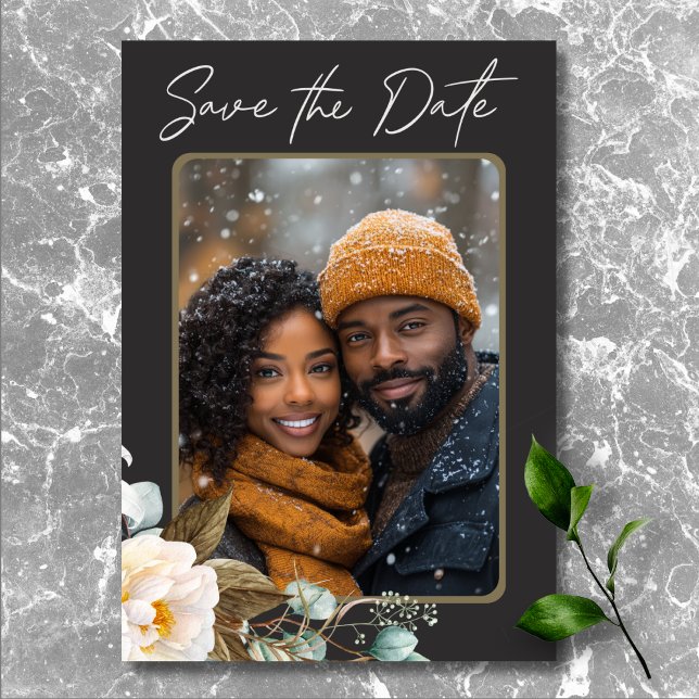 Reserve A Data Foto de Casamento Negra de Peões Brancos Modernos  (Modern Elegant White Peonies Black Wedding Photo Save The Date)