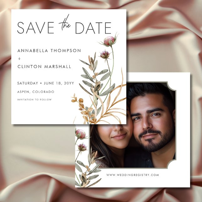 Reserve A Data Foto de Casamento Rustic Boho Delicate Fall Wildfl (Rustic Boho Delicate Fall Wildflower Wedding Photo Save The Date)