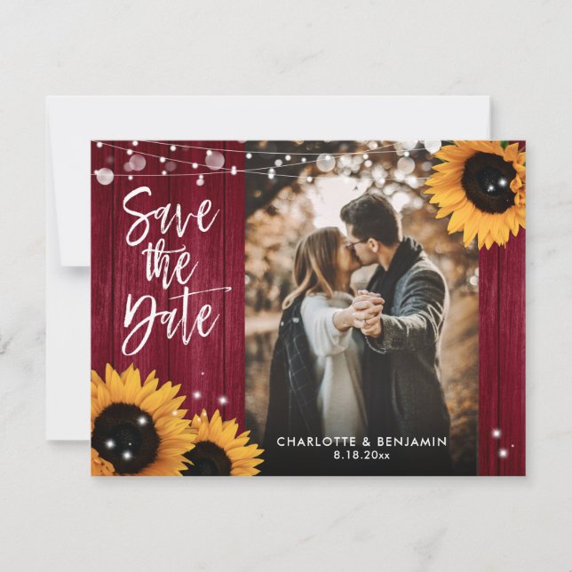 Reserve A Data Foto de Casamento Rustic Sunflower Wood Burgundy (Frente)