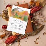 Reserve A Data Foto de Casamento Rustic Watercolor Fall Mountain<br><div class="desc">Rustic Watercolor Fall Mountain Wedding Foto Salve a data - apresentando uma paisagem de montanha de queda maravilhosa com tipografia moderna. Uma foto sangrada de cheio da Noiva e do Groom é apresentada na parte de trás da página Salvar a Data. Anúncio é parte de uma coleção.</div>