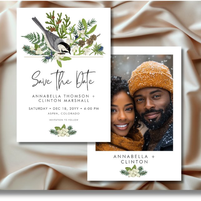 Reserve A Data Foto de Casamento Rustic Winter Nature & Pine (Rustic Winter Nature & Pine Wedding Photo Save The Date)