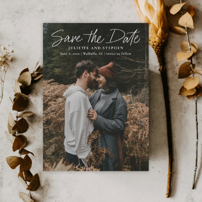 Reserve A Data Foto de casamento simples e moderno para salvar a  (Handwritten Photo Wedding Save the Date with QR Code.)