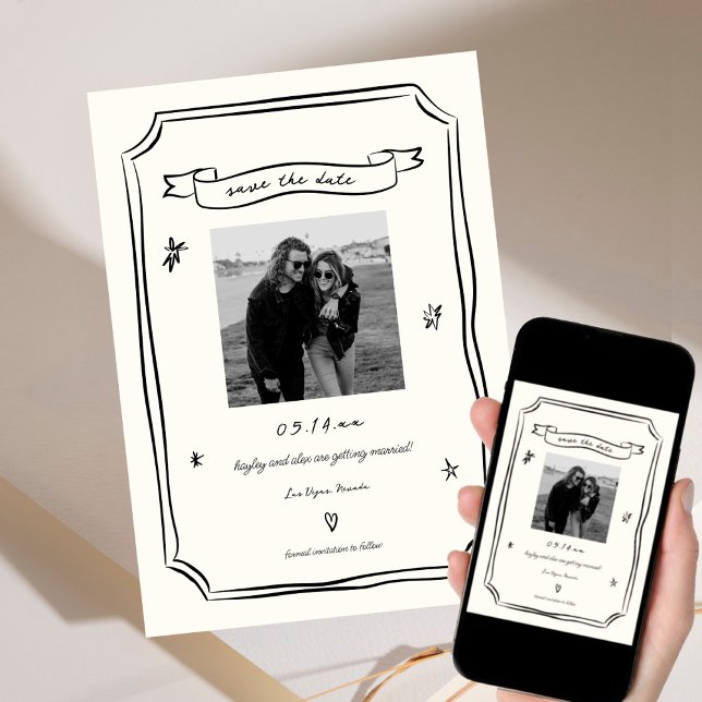 Reserve A Data Foto De Casamento Única Desenhada À Mão (Criador carregado)