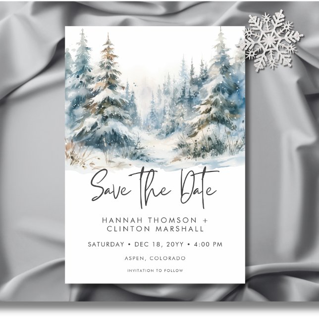 Reserve A Data Foto de Cena de Inverno Rustic Mountain (Rustic Mountain Winter Scene Watercolor Photo Save The Date)