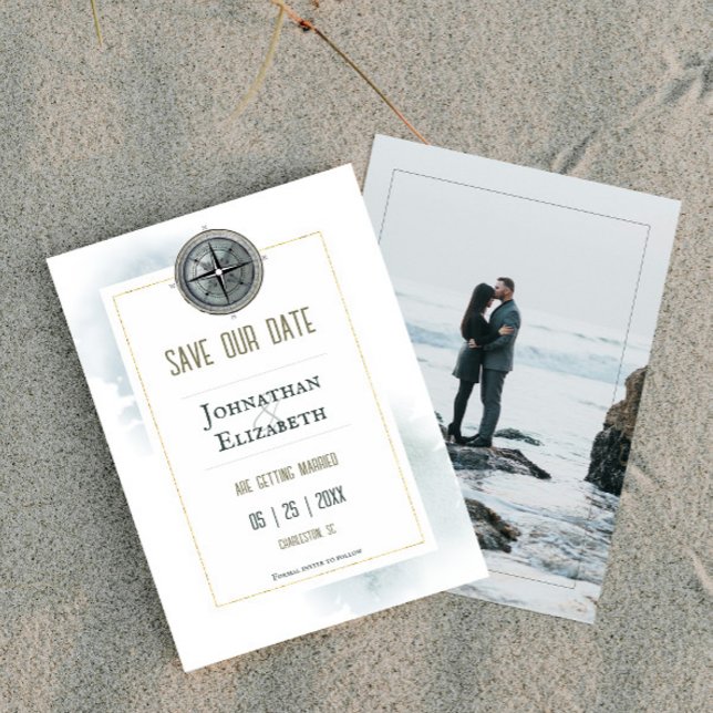 Reserve A Data Foto de Compass Náutico Vintage (Vintage Nautical Compass Photo Save the Date)
