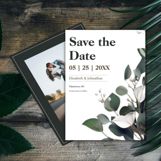 Reserve A Data Foto de Eucalyptus Moderno (Modern Eucalyptus Photo Save the Date)