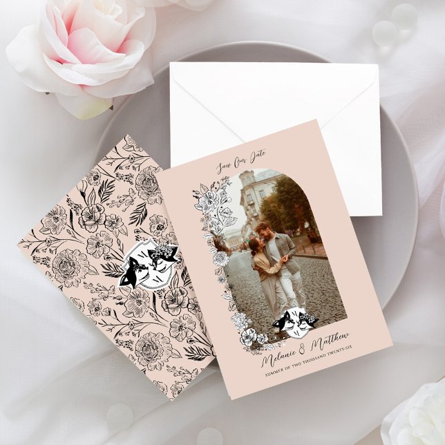 Reserve A Data Foto de Fairytale de Sketch Floral Fox Woodland Fo (Elegant Woodland Fox Floral Sketch Fairytale Save The Date)