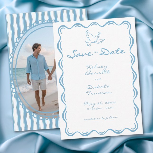 Reserve A Data Foto de Faixa Floral Desenhada à Mão em Azul Capri (Whimsical Blue Hand Drawn Floral Stripe Photo Save The Date)