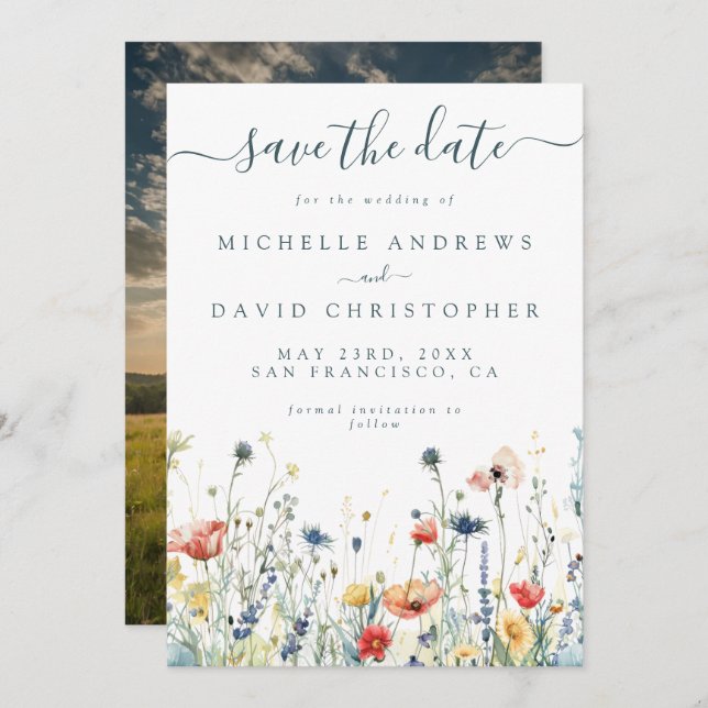 Reserve A Data Foto de flor selvagem vibrante (Frente/Verso)