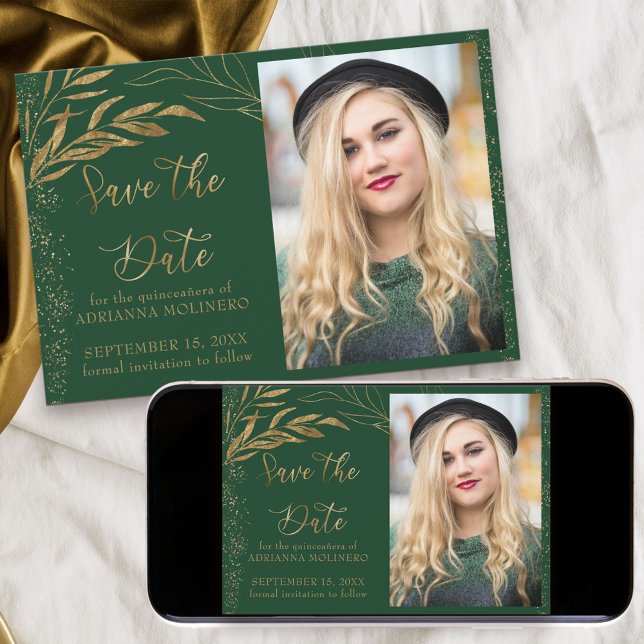 Reserve A Data Foto de Folha Dourada e Caligrafia do Emerald Gree (Elegant Quinceanera Save the Date with Photo, in emerald green from my Gold Leaf )