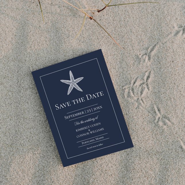 Reserve A Data Foto de Monograma de Estrela do Mar Azul Marinho (Navy Starfish Monogram Photo Save the Date)