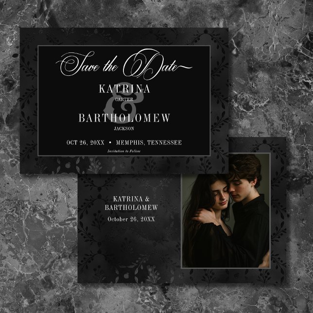 Reserve A Data Foto de Satin Damask Preto-Gótico Escuro (Dark Gothic Black Floral Satin Damask Photo Save The Date)