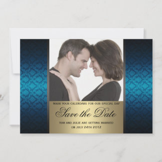 Reserve A Data Foto de Save the Date com Damasks Azul e Dourado