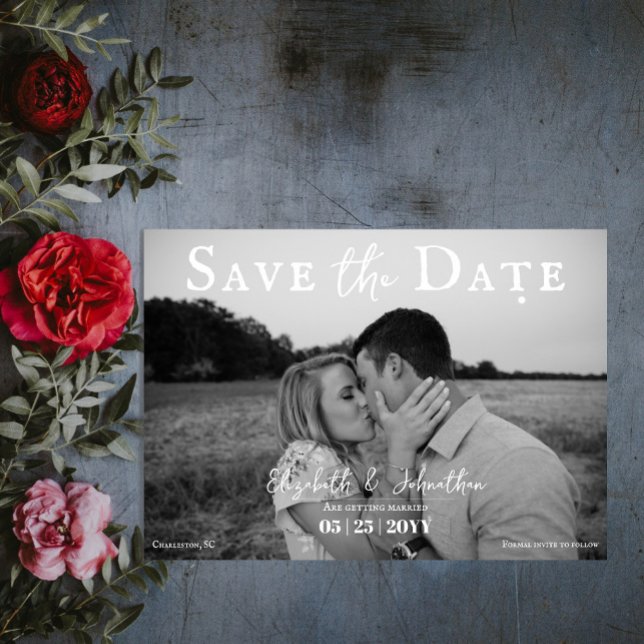 Reserve A Data Foto de script minimalista | Branco (Minimalist Script Photo Save the Date | White)