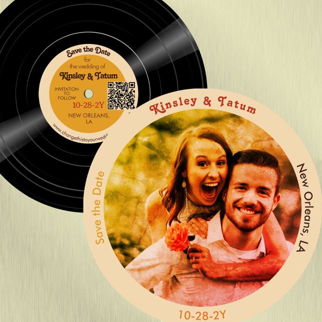 Reserve A Data Foto de Vinil Save the Date QR Groovy Marrons (Vintage vinyl record Save the Date with your photo)