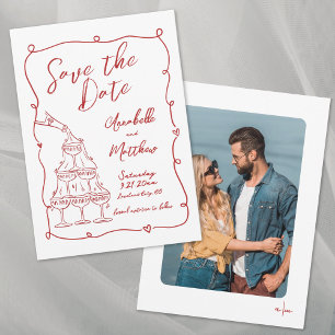Reserve A Data Foto Desenhada à Mão Caprichosa Casamento Vermelho